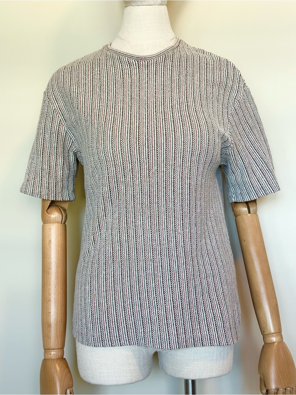 Zara Short-Sleeve Knit Top - Cream, Black and Red Stripe Woven Pattern